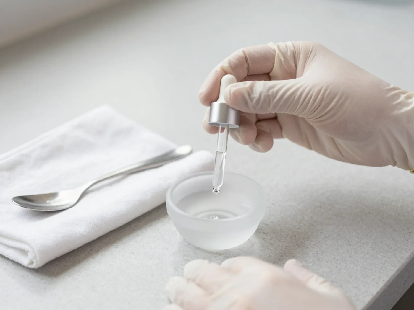 Dłoń w rękawiczce odmierzająca preparat pipetą nad szklaną miseczką